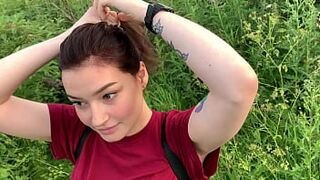 public outdoor blowjob with creampie from shy girl in the bushes - Olivia Moore - 1 image