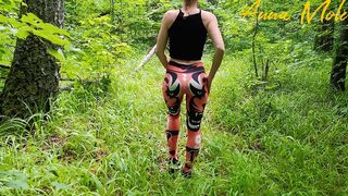 Public masturbation, a girl in leggings walks in nature - 1 image