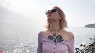Blonde Public Blowjob Dick and Cum in Mouth by the Sea - Outdoor - 7 image
