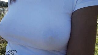 Nice walk without a bra, nipples shine through my white shirt (see through shirt) - boob walk - 11 image