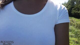 Nice walk without a bra, nipples shine through my white shirt (see through shirt) - boob walk - 13 image