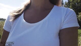 Nice walk without a bra, nipples shine through my white shirt (see through shirt) - boob walk - 14 image
