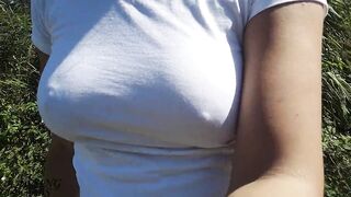 Nice walk without a bra, nipples shine through my white shirt (see through shirt) - boob walk - 7 image