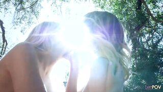 Two blonde divas indulge in a lesbian session during their walk in the woods - 14 image