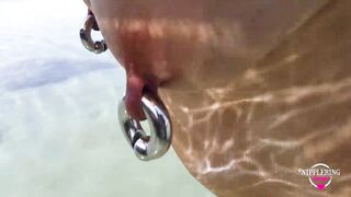 nippleringlover kinky mother extreme pierced nipples and pussy, changingnipple rings at public beach - 12 image