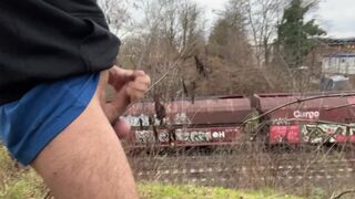 Next to the public tracks flashing big cock and masturbating on New Year's Eve - 1 image