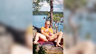 Blond Finnish MILF masturbating outdoors in public view, caught by passing boaters - 10 image