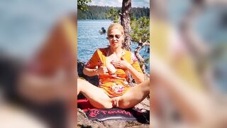 Blond Finnish MILF masturbating outdoors in public view, caught by passing boaters - 5 image