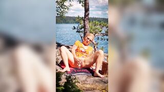 Blond Finnish MILF masturbating outdoors in public view, caught by passing boaters - 7 image