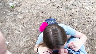 POV Amateur brunette gives sensual blowjob in the forest & cum in her throat - 6 image