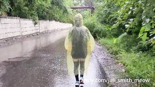 Teen in yellow raincoat flashes pussy outdoors in the rain - 2 image