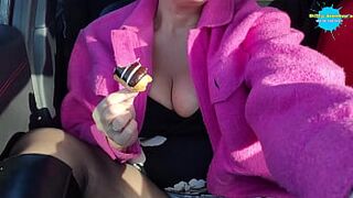 Wife plays with Her pussy while on a drive - 1 image
