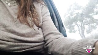 nippleringlover horny milf pissing outdoors in snow flashing pierced pussy and huge pierced nipples - 14 image