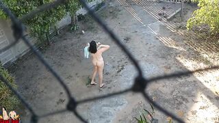 My wife goes outdoor and drops the towel. She walks nude outside - 10 image