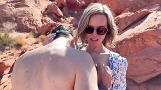 Husband and his friend fuck wife on hike in the desert giving her a double creampie - 2 image