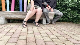 Mother-in-law jerks son-in-law's cock in a public park - 13 image