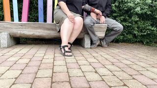 Mother-in-law jerks son-in-law's cock in a public park - 6 image