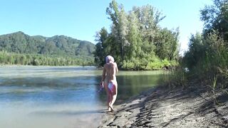 Gorgeous big butt and hairy pussy outdoors in public places. Curvy MILF walks in nature. Nudist. Exhibitionist. Amateur fetish. Voyeur. PAWG. ASMR. - 14 image