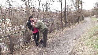 In the park, the young brunette with small natural tits gets warmed up by an older man and swallows all the cum - 4 image
