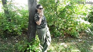 Piss on the street in public places and smoking cigarettes in the park. Chubby MILF with shaved pussy urinates outdoors. ASMR. Amateur dirty fetish. PAWG. - 9 image
