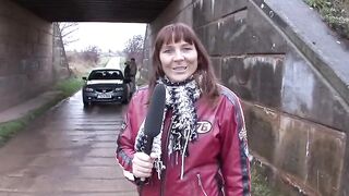 German milf outdoors is interviewed to express the pleasure she is feeling with cock in her pussy - 2 image