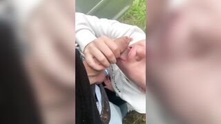 Outdoor blowjob with a surprise facial. Ass teasing and playing with hairy pussy - 12 image