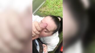Outdoor blowjob with a surprise facial. Ass teasing and playing with hairy pussy - 15 image