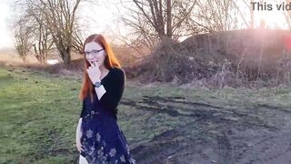 Redhead young woman undresses outside for the first time. - 5 image