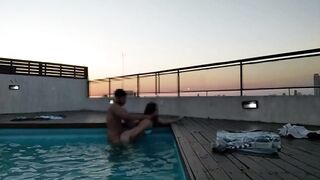 cumming a lot in the pool at sunset - accounter adventure - 5 image