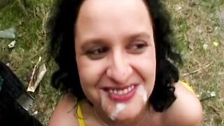 Chubby German woman enjoys giving blowjob's outdoors - 15 image