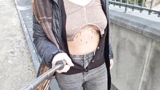 I flash my breasts, change my T-shirt in the middle of the city and walk around showing my tits and erect nipples - 13 image