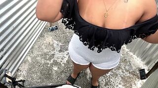 Katrina recording herself in the outdoor dressing room - 1 image