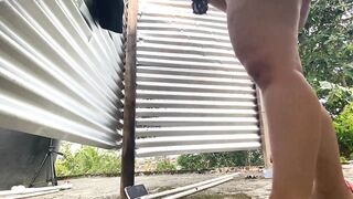 Katrina recording herself in the outdoor dressing room - 3 image