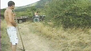 Two Field Workers Fuck Their Asses and a Babe Pussy Outdoor on the Tractor - 3 image
