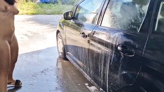 I undress while washing the car at the car wash, showing my tits and pussy in public - 11 image