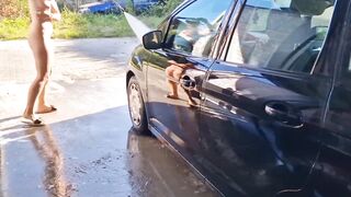 I undress while washing the car at the car wash, showing my tits and pussy in public - 12 image