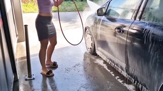 I undress while washing the car at the car wash, showing my tits and pussy in public - 2 image