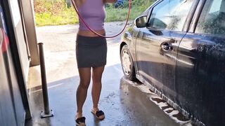 I undress while washing the car at the car wash, showing my tits and pussy in public - 3 image