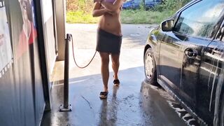 I undress while washing the car at the car wash, showing my tits and pussy in public - 4 image