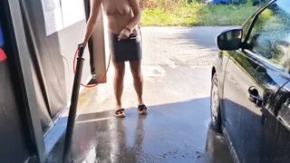I undress while washing the car at the car wash, showing my tits and pussy in public - 6 image