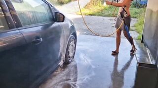 I undress while washing the car at the car wash, showing my tits and pussy in public - 7 image