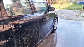 I undress while washing the car at the car wash, showing my tits and pussy in public - 9 image