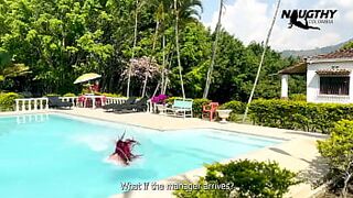 Lesbians enjoying the pool and having sex - 1 image