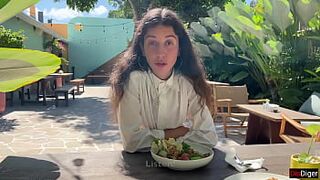 Cum on a girl's face in a public cafe - She eats lunch with cum on her face! - Cumwalk - 1 image