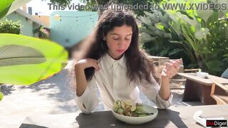 Cum on a girl's face in a public cafe - She eats lunch with cum on her face! - Cumwalk - 9 image