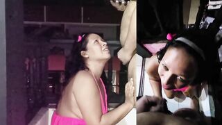 MILF giving a blowjob on the balcony, cum in the mouth and she swallow all the semen from the stranger. (POV & Viewer Cam) - 11 image