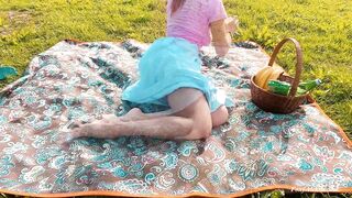Horny Petite girl masturbate in park. Sexy pussy flashing under skirt while picnic. Small pussy wanted orgasm here and now - 2 image