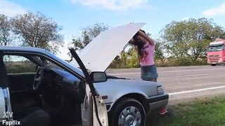 Sexy Hairy MILF Rides Gear Stick During Car Breakdown - 2 image