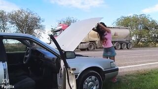 Sexy Hairy MILF Rides Gear Stick During Car Breakdown - 3 image