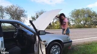 Sexy Hairy MILF Rides Gear Stick During Car Breakdown - 5 image